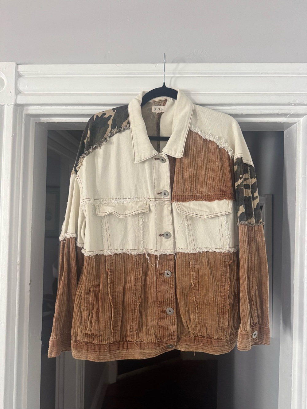 POL Patchwork Corduroy & Canvas Jacket in Cream, Brown, Camouflage - Picture 2 of 3